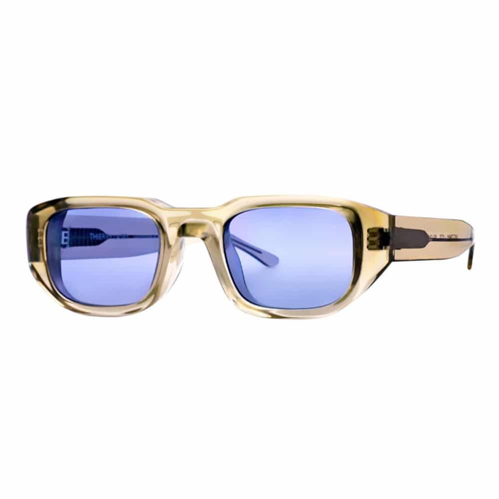 Translucent Champagne Acetate Frames With Tinted Purple Lenses.