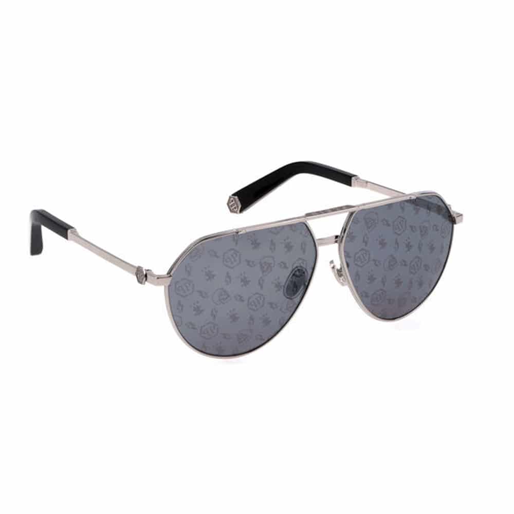 Silver Colour Metal Frame With Black Acetate Temple Tips And Grey Coloured Mirror Printed Lenses.