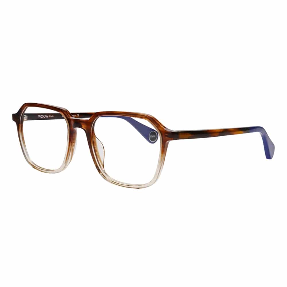 Dark Brown, Light Brown & Transparent Patterned Acetate Frame With Blue Temple Tips.