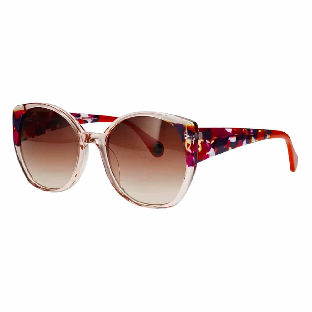 Peachy Pink And Marble Patterned  Acetate Frame With Marble Patterned Temples, Orange Temple Tips And Brown Gradient Lenses.