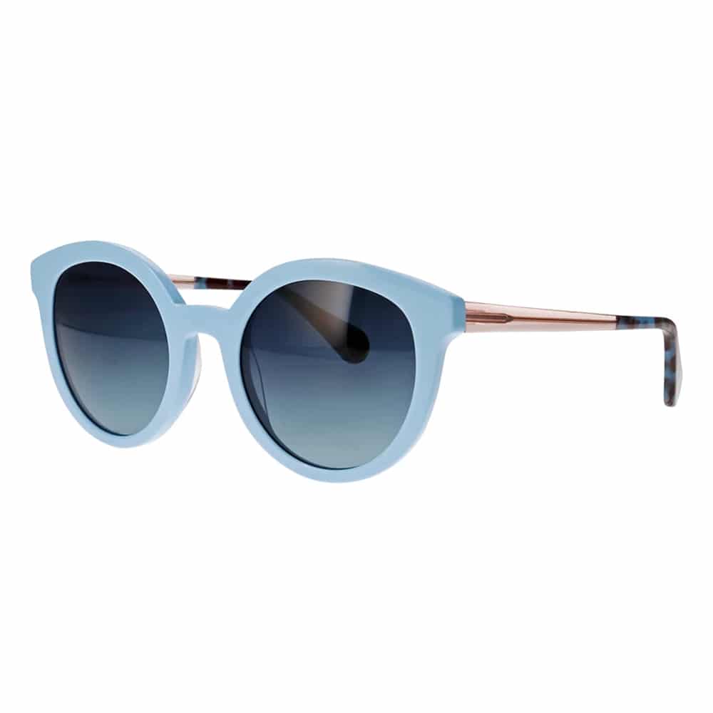 Light Blue Acetate Frame With Pink Temples, Blue Pattern Temple Tips & Blue Gradient Lenses.
