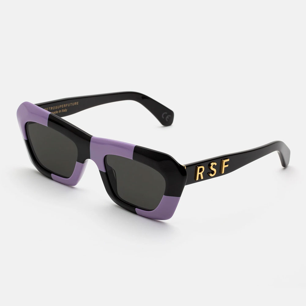 Purple & Black Checker Patterned Acetate Frame With Black Lenses.