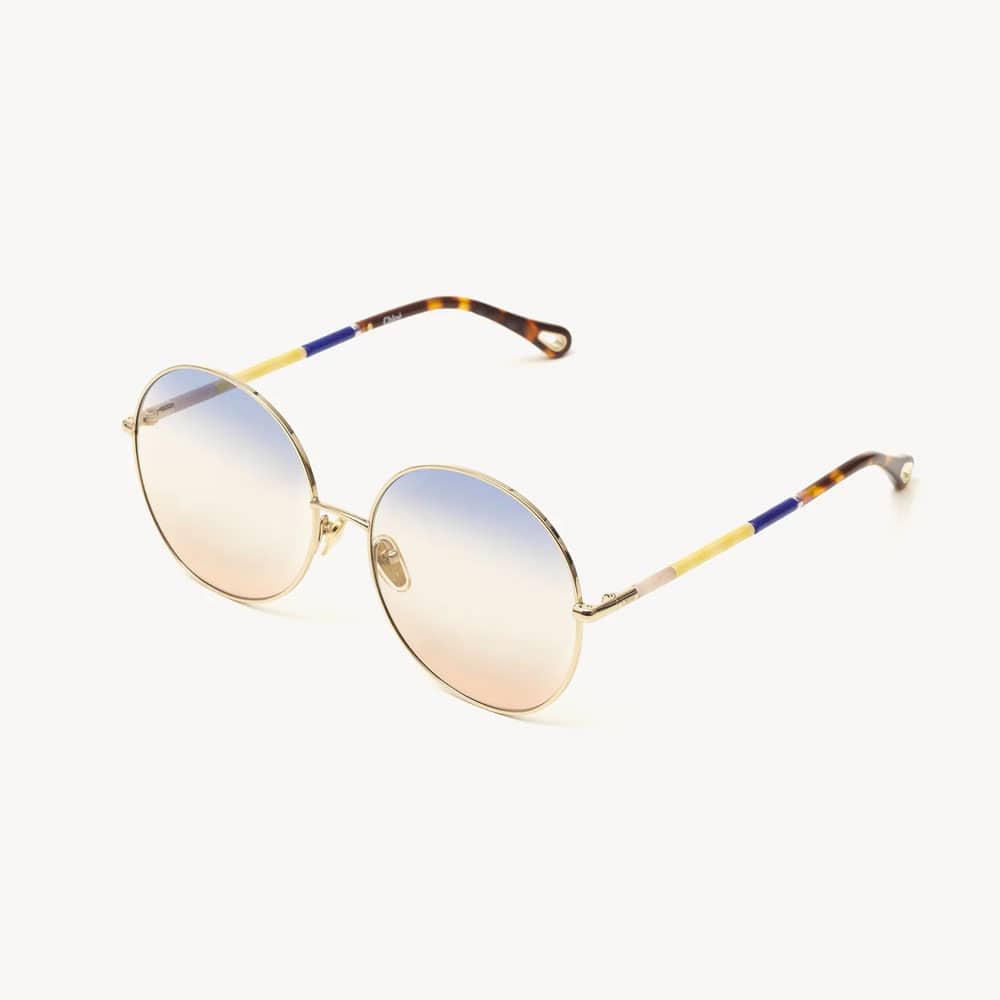 Gold Metal Frame With Triple Gradient Blue /Beige/Red Lenses.