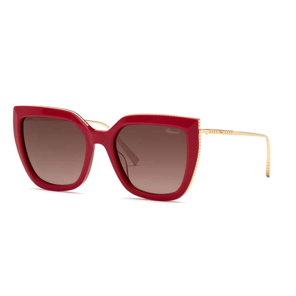 Shiny Full Red Acetate Frame With Titanium Temples & Brown Gradient Pink Lenses.